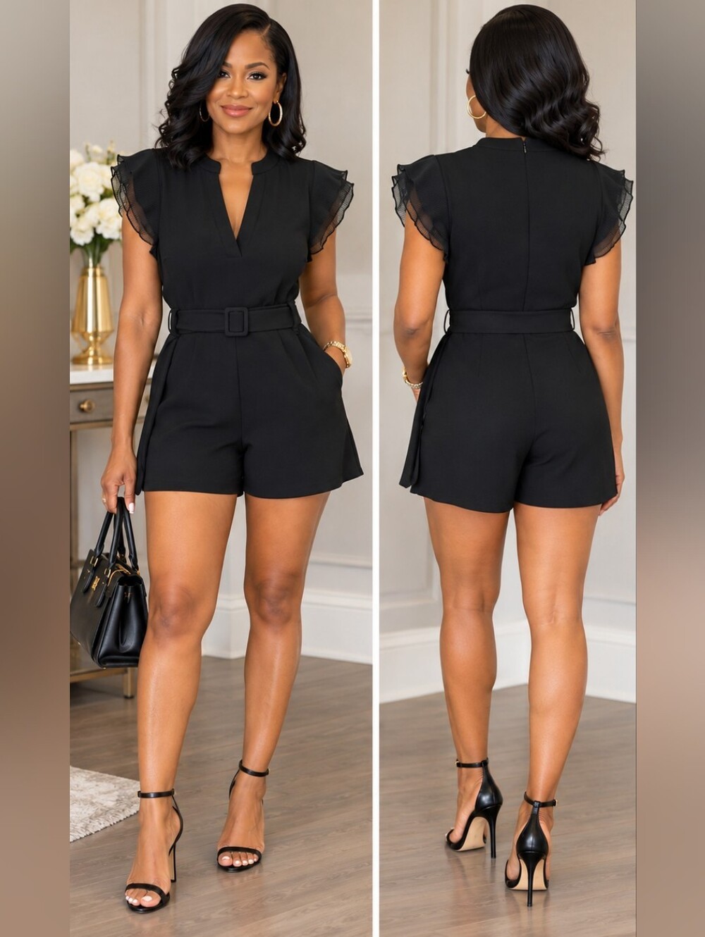 Black Belted Flutter Sleeve Romper